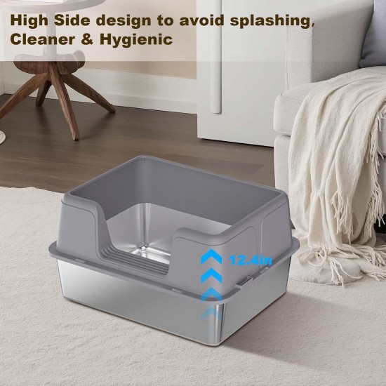 GarveeMore Stainless Steel Cat Litter Tray XXL Semi-Closed Leak-Proof Removable Cat Litter Tray 60 x 40 x 36.5 cm Grey GarveeMore Stainless Steel Cat Litter Tray XXL Semi-Closed Leak-Proof Removable Cat Litter Tray 60 x 40 x 36.5 cm Grey