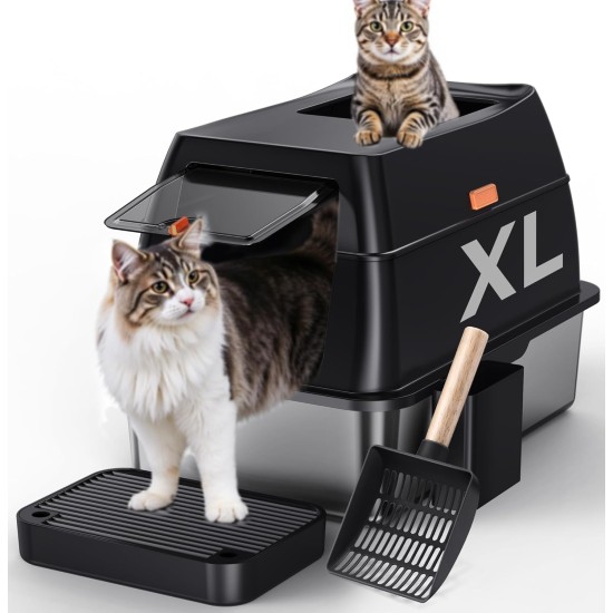 Gimars 3 in 1 High-Sided Anti-Spill Stainless Steel Cat Litter Tray with Lid, Extra Large Closed Cat Box with Shovel, Front & Top Entrance for Multiple Cats Gimars 3 in 1 High-Sided Anti-Spill Stainless Steel Cat Litter Tray with Lid, Extra Large Closed Cat Box with Shovel, Front & Top Entrance for Multiple Cats