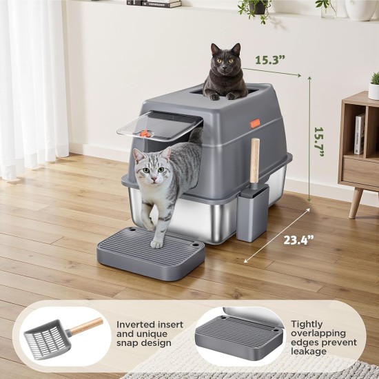 Gimars 3 in 1 High-Sided Anti-Spill Stainless Steel Cat Litter Tray with Lid, Extra Large Closed Cat Box with Shovel, Front & Top Entrance for Multiple Cats Gimars 3 in 1 High-Sided Anti-Spill Stainless Steel Cat Litter Tray with Lid, Extra Large Closed Cat Box with Shovel, Front & Top Entrance for Multiple Cats