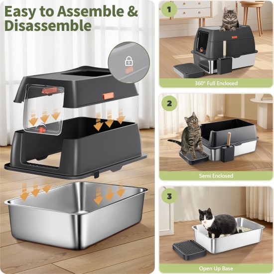 Gimars 3 in 1 High-Sided Anti-Spill Stainless Steel Cat Litter Tray with Lid, Extra Large Closed Cat Box with Shovel, Front & Top Entrance for Multiple Cats Gimars 3 in 1 High-Sided Anti-Spill Stainless Steel Cat Litter Tray with Lid, Extra Large Closed Cat Box with Shovel, Front & Top Entrance for Multiple Cats