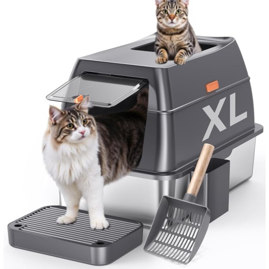 Gimars 3 in 1 High-Sided Anti-Spill Stainless Steel Cat Litter Tray with Lid, Extra Large Closed Cat Box with Shovel, Front & Top Entrance for Multiple Cats Gimars 3 in 1 High-Sided Anti-Spill Stainless Steel Cat Litter Tray with Lid, Extra Large Closed Cat Box with Shovel, Front & Top Entrance for Multiple Cats