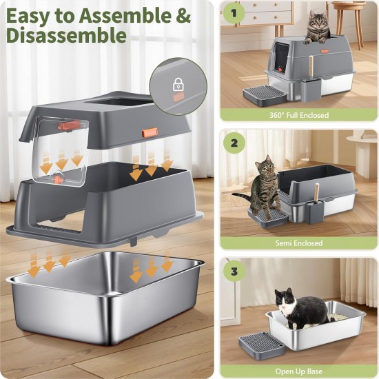 Gimars 3-in-1 High-Walled Anti-Spill Stainless Steel Cat Litter Tray XXL with Lid, Extra Large Closed Cat Litter Tray XXL with Shovel, Front and Lid Entry for Multi-Cat Households Gimars 3-in-1 High-Walled Anti-Spill Stainless Steel Cat Litter Tray XXL with Lid, Extra Large Closed Cat Litter Tray XXL with Shovel, Front and Lid Entry for Multi-Cat Households