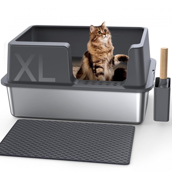 Gimars XL Metal Cat Litter Tray - Odour Resistant Cat Litter Tray Stainless Steel Leakproof Tray with Scoop & Mat, Suitable for Large, Medium & Small Cats Gimars XL Metal Cat Litter Tray - Odour Resistant Cat Litter Tray Stainless Steel Leakproof Tray with Scoop & Mat, Suitable for Large, Medium & Small Cats
