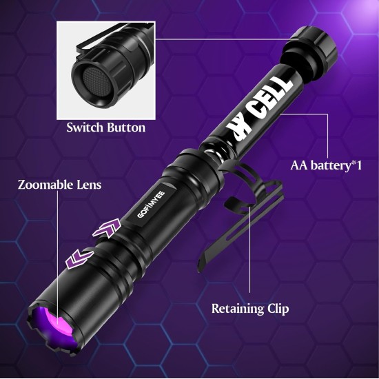 Gofimyee UV Torch Black Light Lamp, Pack of 2 Mini UV Lamp with Adjustable Focus, 395 nm Ultraviolet Lamp for Geocaching, Pet Urine Detectors, Amber Search etc., Includes 2 AA Batteries Gofimyee UV Torch Black Light Lamp, Pack of 2 Mini UV Lamp with Adjustable Focus, 395 nm Ultraviolet Lamp for Geocaching, Pet Urine Detectors, Amber Search etc., Includes 2 AA Batteries