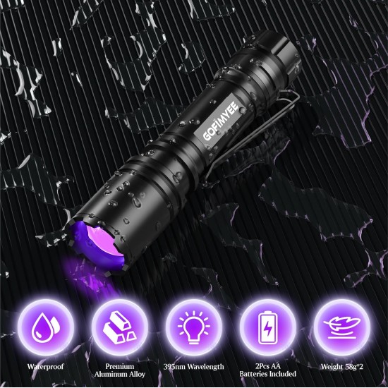 Gofimyee UV Torch Black Light Lamp, Pack of 2 Mini UV Lamp with Adjustable Focus, 395 nm Ultraviolet Lamp for Geocaching, Pet Urine Detectors, Amber Search etc., Includes 2 AA Batteries Gofimyee UV Torch Black Light Lamp, Pack of 2 Mini UV Lamp with Adjustable Focus, 395 nm Ultraviolet Lamp for Geocaching, Pet Urine Detectors, Amber Search etc., Includes 2 AA Batteries