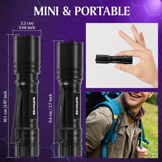 Gofimyee UV Torch Black Light Lamp, Pack of 2 Mini UV Lamp with Adjustable Focus, 395 nm Ultraviolet Lamp for Geocaching, Pet Urine Detectors, Amber Search etc., Includes 2 AA Batteries Gofimyee UV Torch Black Light Lamp, Pack of 2 Mini UV Lamp with Adjustable Focus, 395 nm Ultraviolet Lamp for Geocaching, Pet Urine Detectors, Amber Search etc., Includes 2 AA Batteries
