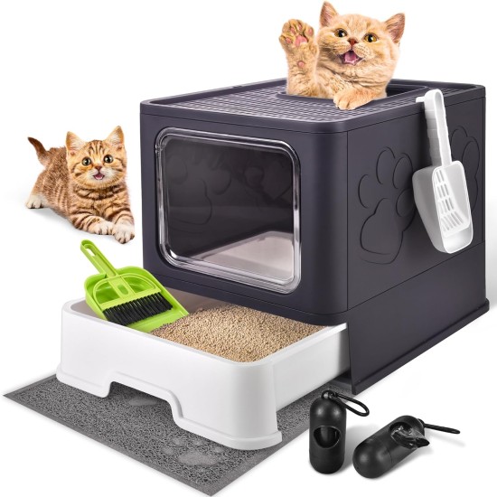 HOMAGICO Cat Litter Tray with Cat Litter Tray and Scoop, Large, Foldable Cat Litter Tray with Lid, Free to Put on and Take Off, Odour Control, Closed Cat Litter Tray, Splash Guard, Easy to Use HOMAGICO Cat Litter Tray with Cat Litter Tray and Scoop, Large, Foldable Cat Litter Tray with Lid, Free to Put on and Take Off, Odour Control, Closed Cat Litter Tray, Splash Guard, Easy to Use