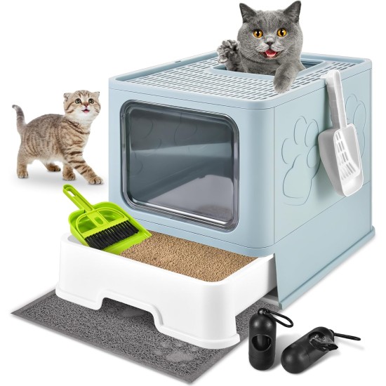 HOMAGICO Cat Litter Tray with Cat Litter Tray and Scoop, Large, Foldable Cat Litter Tray with Lid, Free to Put on and Take Off, Odour Control, Closed Cat Litter Tray, Splash Guard, Easy to Use HOMAGICO Cat Litter Tray with Cat Litter Tray and Scoop, Large, Foldable Cat Litter Tray with Lid, Free to Put on and Take Off, Odour Control, Closed Cat Litter Tray, Splash Guard, Easy to Use