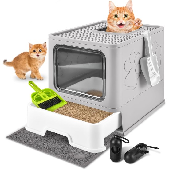 HOMAGICO Cat Litter Tray with Cat Litter Tray and Scoop, Large, Foldable Cat Litter Tray with Lid, Free to Put on and Take Off, Odour Control, Closed Cat Litter Tray, Splash Guard, Easy to Use HOMAGICO Cat Litter Tray with Cat Litter Tray and Scoop, Large, Foldable Cat Litter Tray with Lid, Free to Put on and Take Off, Odour Control, Closed Cat Litter Tray, Splash Guard, Easy to Use
