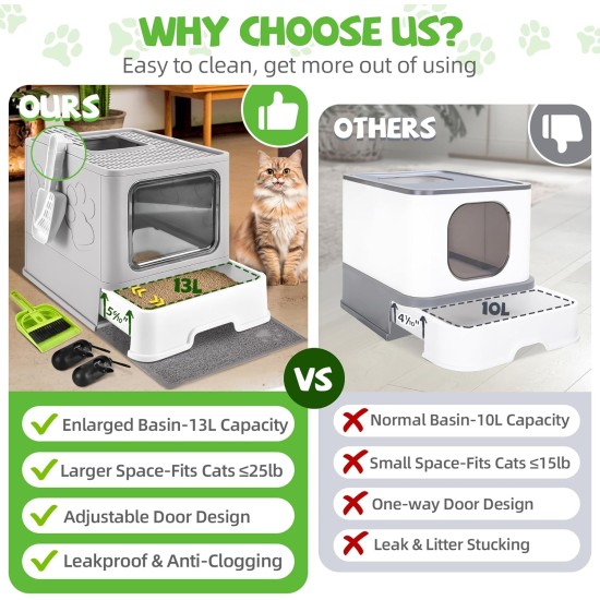 HOMAGICO Cat Litter Tray with Cat Litter Tray and Scoop, Large, Foldable Cat Litter Tray with Lid, Free to Put on and Take Off, Odour Control, Closed Cat Litter Tray, Splash Guard, Easy to Use HOMAGICO Cat Litter Tray with Cat Litter Tray and Scoop, Large, Foldable Cat Litter Tray with Lid, Free to Put on and Take Off, Odour Control, Closed Cat Litter Tray, Splash Guard, Easy to Use