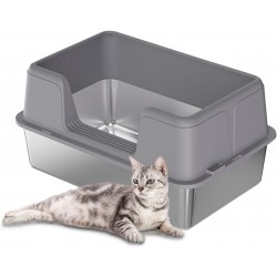 Hapihom Stainless Steel Cat Litter Tray with Lid, Cat Litter Tray with High Side Walls and Non-Stick Coating, with Anti-Leak Mat and Litter Scoop, Leak-Proof, Easy to Clean, 60 x 40 x 31.5 cm Hapihom Stainless Steel Cat Litter Tray with Lid, Cat Litter Tray with High Side Walls and Non-Stick Coating, with Anti-Leak Mat and Litter Scoop, Leak-Proof, Easy to Clean, 60 x 40 x 31.5 cm