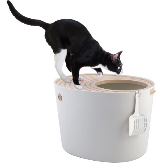 Iris Ohyama, Large Plastic Cat Litter Tray with Top Access, includes Scoop and Slotted Lid, W 53 x D 41 x H 37 cm, Unit, BPA-Free, Scoop Holder, PUNT-530, White/Beige Iris Ohyama, Large Plastic Cat Litter Tray with Top Access, includes Scoop and Slotted Lid, W 53 x D 41 x H 37 cm, Unit, BPA-Free, Scoop Holder, PUNT-530, White/Beige