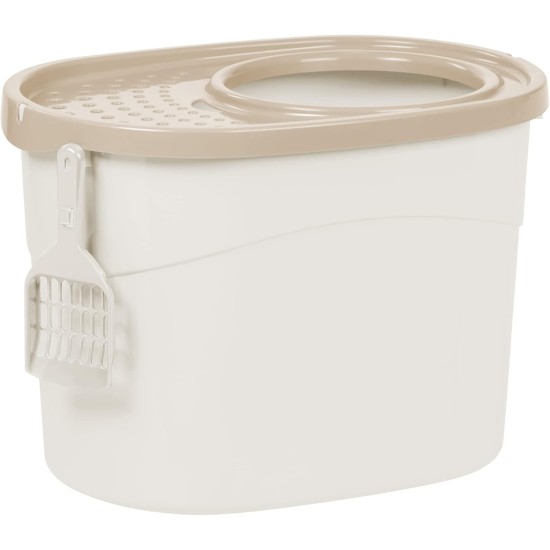 Iris Ohyama, Large Plastic Cat Litter Tray with Top Access, includes Scoop and Slotted Lid, W 53 x D 41 x H 37 cm, Unit, BPA-Free, Scoop Holder, PUNT-530, White/Beige Iris Ohyama, Large Plastic Cat Litter Tray with Top Access, includes Scoop and Slotted Lid, W 53 x D 41 x H 37 cm, Unit, BPA-Free, Scoop Holder, PUNT-530, White/Beige