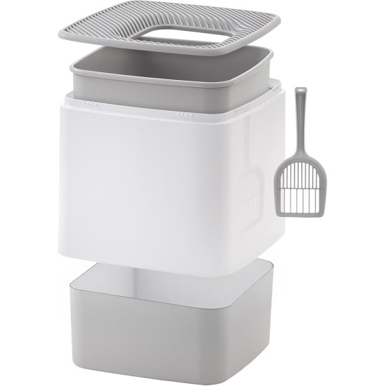 Iris Ohyama, Large Plastic Cat Litter Tray with Top Access, includes Scoop and Slotted Lid, W 53 x D 41 x H 37 cm, Unit, BPA-Free, Scoop Holder, PUNT-530, White/Beige Iris Ohyama, Large Plastic Cat Litter Tray with Top Access, includes Scoop and Slotted Lid, W 53 x D 41 x H 37 cm, Unit, BPA-Free, Scoop Holder, PUNT-530, White/Beige