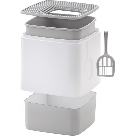 Iris Ohyama, Plastic Cat Litter Tray with Top Entry, includes Scoop and Slotted Lid, W 53 x D 41 x H 37 cm, PUNT-530, Grey Iris Ohyama, Plastic Cat Litter Tray with Top Entry, includes Scoop and Slotted Lid, W 53 x D 41 x H 37 cm, PUNT-530, Grey