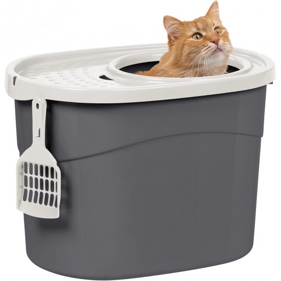 Iris Ohyama, Plastic Cat Litter Tray with Top Entry, includes Scoop and Slotted Lid, W 53 x D 41 x H 37 cm, PUNT-530, Grey Iris Ohyama, Plastic Cat Litter Tray with Top Entry, includes Scoop and Slotted Lid, W 53 x D 41 x H 37 cm, PUNT-530, Grey