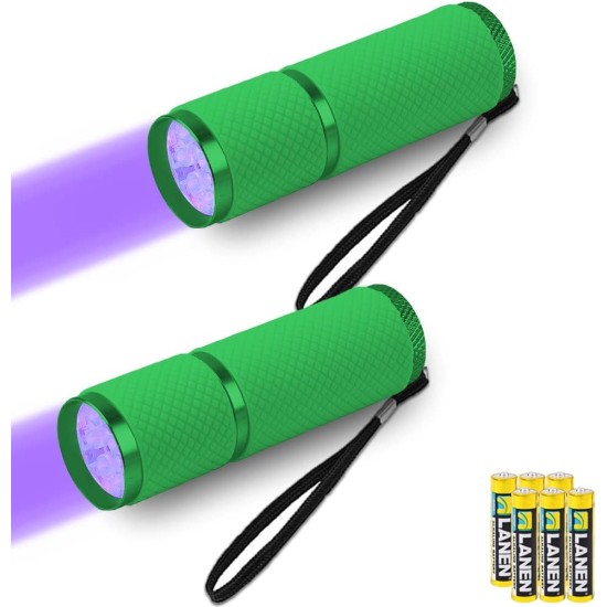 LEAGY 2 Pack Mini UV Torch with 9 LEDs and Batteries - Pet Urine Detector for Dog/Cat, Fluorescent Agent, Dry Spots, Counterfeit Detection, Banknotes, Bed Bugs etc (Green) LEAGY 2 Pack Mini UV Torch with 9 LEDs and Batteries - Pet Urine Detector for Dog/Cat, Fluorescent Agent, Dry Spots, Counterfeit Detection, Banknotes, Bed Bugs etc (Green)