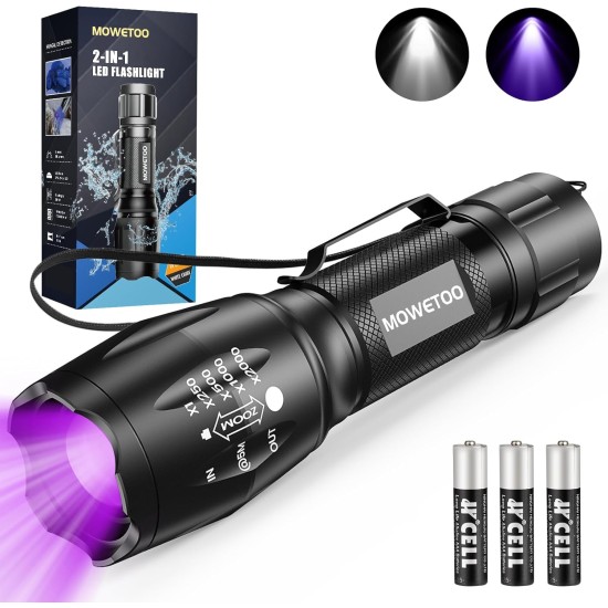MOWETOO Torch, UV Lamp 2-in-1 Black Light Lamp, 395 nm Ultraviolet 4 Modes, Detector for Fake Banknotes, Urine of Dogs and Other Pets Urine Detector, Includes 3 AAA Batteries 40 W MOWETOO Torch, UV Lamp 2-in-1 Black Light Lamp, 395 nm Ultraviolet 4 Modes, Detector for Fake Banknotes, Urine of Dogs and Other Pets Urine Detector, Includes 3 AAA Batteries 40 W