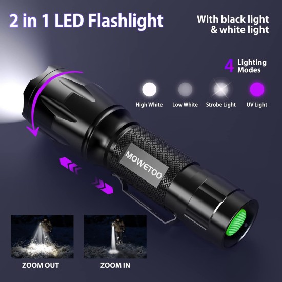 MOWETOO Torch, UV Lamp 2-in-1 Black Light Lamp, 395 nm Ultraviolet 4 Modes, Detector for Fake Banknotes, Urine of Dogs and Other Pets Urine Detector, Includes 3 AAA Batteries 40 W MOWETOO Torch, UV Lamp 2-in-1 Black Light Lamp, 395 nm Ultraviolet 4 Modes, Detector for Fake Banknotes, Urine of Dogs and Other Pets Urine Detector, Includes 3 AAA Batteries 40 W
