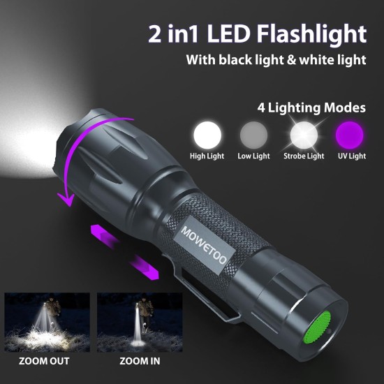 MOWETOO Torch, UV Lamp 2-in-1 Black Light Lamp, 395 nm Ultraviolet 4 Modes, Detector for Fake Banknotes, Urine of Dogs and Other Pets Urine Detector, Includes 3 AAA Batteries 40 W MOWETOO Torch, UV Lamp 2-in-1 Black Light Lamp, 395 nm Ultraviolet 4 Modes, Detector for Fake Banknotes, Urine of Dogs and Other Pets Urine Detector, Includes 3 AAA Batteries 40 W