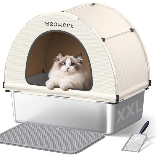 MeoWant Stainless Steel Cat Litter Tray, Removable, Closed, Extra Large Cat Litter Tray Stainless Steel XXL with Fabric Canopy, Odour-Inhibiting, Non-Stick Coating Surface, Easy to Clean, White