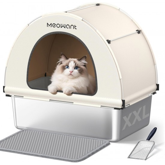 MeoWant Stainless Steel Cat Litter Tray, Removable, Closed, Extra Large Cat Litter Tray Stainless Steel XXL with Fabric Canopy, Odour-Inhibiting, Non-Stick Coating Surface, Easy to Clean, White MeoWant Stainless Steel Cat Litter Tray, Removable, Closed, Extra Large Cat Litter Tray Stainless Steel XXL with Fabric Canopy, Odour-Inhibiting, Non-Stick Coating Surface, Easy to Clean, White