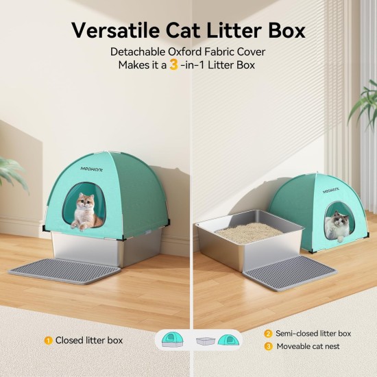 MeoWant Stainless Steel Cat Litter Tray, Square, Closed, Extra Large Cat Litter Tray, Stainless Steel XXL with Removable Oxford Fabric Tent with High Side Walls, Shovel and Mat Made of Metal MeoWant Stainless Steel Cat Litter Tray, Square, Closed, Extra Large Cat Litter Tray, Stainless Steel XXL with Removable Oxford Fabric Tent with High Side Walls, Shovel and Mat Made of Metal