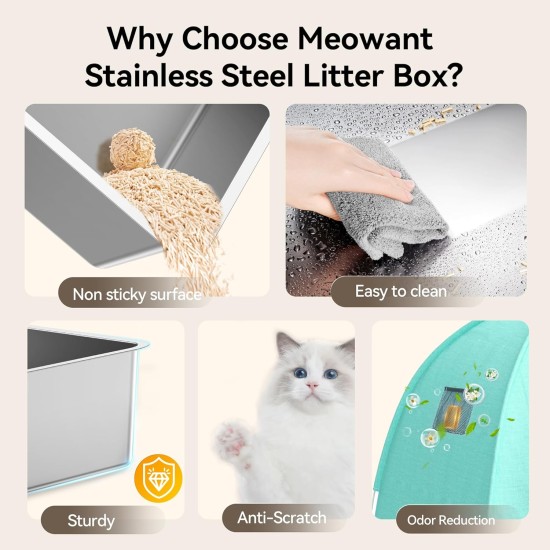 MeoWant Stainless Steel Cat Litter Tray, Square, Closed, Extra Large Cat Litter Tray, Stainless Steel XXL with Removable Oxford Fabric Tent with High Side Walls, Shovel and Mat Made of Metal MeoWant Stainless Steel Cat Litter Tray, Square, Closed, Extra Large Cat Litter Tray, Stainless Steel XXL with Removable Oxford Fabric Tent with High Side Walls, Shovel and Mat Made of Metal