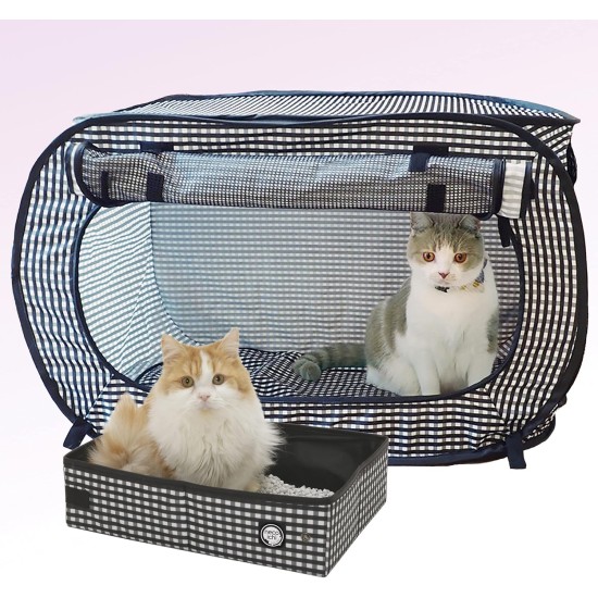 Necoichi Stress Free Cat Cage (Carry Bag) Cat Litter Box Set Collapsible for 2 Cats 31.8" L x 4.5" W x 20" H for Indoor Small Medium Large Cats