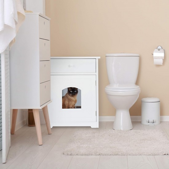 Relaxdays Cat Cabinet with Drawer, Cat Chest of Drawers, Wooden Cat Litter Box, HBT 63.5 x 52 x 48 cm, White Relaxdays Cat Cabinet with Drawer, Cat Chest of Drawers, Wooden Cat Litter Box, HBT 63.5 x 52 x 48 cm, White