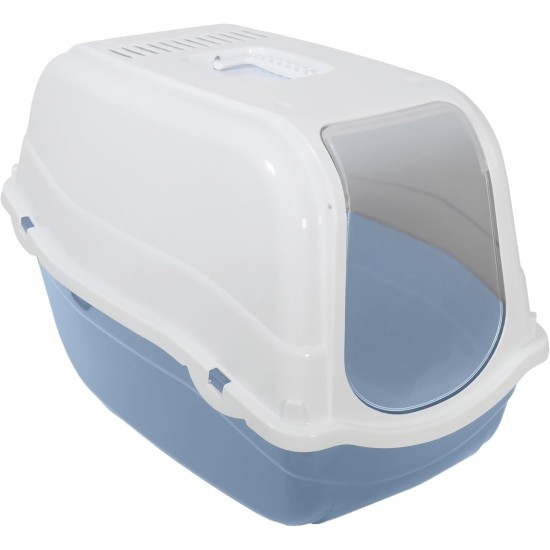 Rosewood Romeo Plastic Cat Litter Tray with Hood, Covered Cat Litter Tray, Carbon Filter for Odour Control, Easy Cleaning, Light Blue/White Rosewood Romeo Plastic Cat Litter Tray with Hood, Covered Cat Litter Tray, Carbon Filter for Odour Control, Easy Cleaning, Light Blue/White