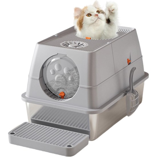 Stainless Steel Cat Litter Tray with Lid, 60 x 40 x 39 cm, Metal Cat Litter Tray Closed with Sand Filter Pedal and Litter Scoop, XXL, Large, Removable, High Rim, Easy to Clean, Light Grey Stainless Steel Cat Litter Tray with Lid, 60 x 40 x 39 cm, Metal Cat Litter Tray Closed with Sand Filter Pedal and Litter Scoop, XXL, Large, Removable, High Rim, Easy to Clean, Light Grey