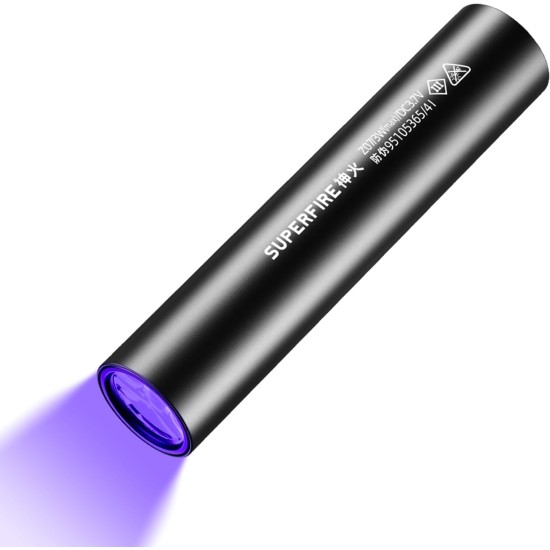 SuperFire Rechargeable LED UV Black Light Torch, Mini UV Lamp, Ultraviolet Light, 395 nm, Detector for Amber Search, Geocaching, Pet Urine Detectors, Fake Banknotes (Black) SuperFire Rechargeable LED UV Black Light Torch, Mini UV Lamp, Ultraviolet Light, 395 nm, Detector for Amber Search, Geocaching, Pet Urine Detectors, Fake Banknotes (Black)