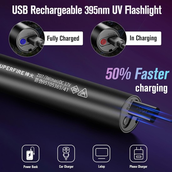 SuperFire Rechargeable LED UV Black Light Torch, Mini UV Lamp, Ultraviolet Light, 395 nm, Detector for Amber Search, Geocaching, Pet Urine Detectors, Fake Banknotes (Black) SuperFire Rechargeable LED UV Black Light Torch, Mini UV Lamp, Ultraviolet Light, 395 nm, Detector for Amber Search, Geocaching, Pet Urine Detectors, Fake Banknotes (Black)