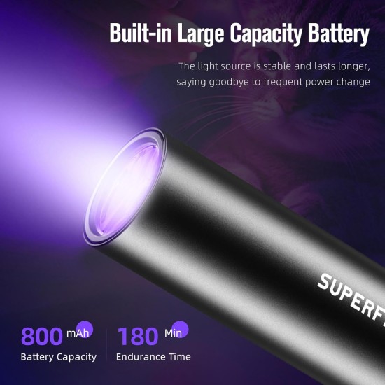 SuperFire Rechargeable LED UV Black Light Torch, Mini UV Lamp, Ultraviolet Light, 395 nm, Detector for Amber Search, Geocaching, Pet Urine Detectors, Fake Banknotes (Black) SuperFire Rechargeable LED UV Black Light Torch, Mini UV Lamp, Ultraviolet Light, 395 nm, Detector for Amber Search, Geocaching, Pet Urine Detectors, Fake Banknotes (Black)
