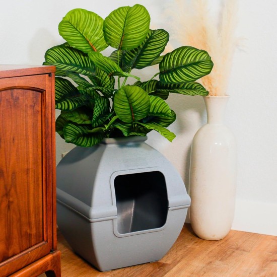 The Courtyard Hidden Cat Litter Box, Artificial Plants and Closed Square Cat Litter Box, Vented and Odour Filter, Easy to Clean, Stone Grey The Courtyard Hidden Cat Litter Box, Artificial Plants and Closed Square Cat Litter Box, Vented and Odour Filter, Easy to Clean, Stone Grey