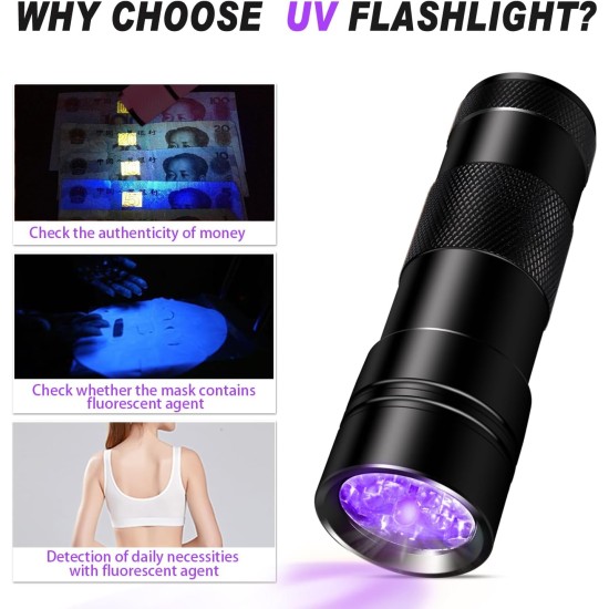 Torch UV Black Light, Torch with 12 LEDs, Ultraviolet Light with 395 nm for Geocaching, Pet Urine Detectors, Pets Urine Detector etc. Torch UV Black Light, Torch with 12 LEDs, Ultraviolet Light with 395 nm for Geocaching, Pet Urine Detectors, Pets Urine Detector etc.