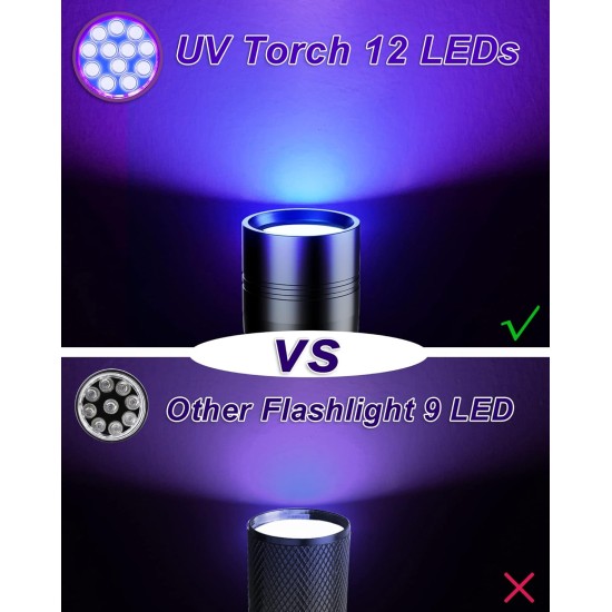UV Blacklight Torch 12 LED 395nm Pack of 2 LED Flashlight, Mini Blacklight Flashlight, Portable UV Flashlight for Pet Urine Stains (Purple Light), Stains UV Blacklight Torch 12 LED 395nm Pack of 2 LED Flashlight, Mini Blacklight Flashlight, Portable UV Flashlight for Pet Urine Stains (Purple Light), Stains