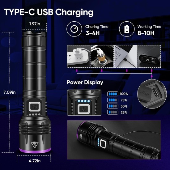 UV Torch 20 W, 5000 mAh High Performance 365 nm UV Light, LED USB Rechargeable Black Light Torch, UV Lamp for Amber, Epoxy Resin, Detection of Pet Urine, Minerals, Travel, Bed Bugs UV Torch 20 W, 5000 mAh High Performance 365 nm UV Light, LED USB Rechargeable Black Light Torch, UV Lamp for Amber, Epoxy Resin, Detection of Pet Urine, Minerals, Travel, Bed Bugs