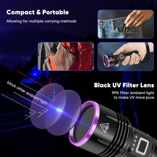 UV Torch 20 W, 5000 mAh High Performance 365 nm UV Light, LED USB Rechargeable Black Light Torch, UV Lamp for Amber, Epoxy Resin, Detection of Pet Urine, Minerals, Travel, Bed Bugs UV Torch 20 W, 5000 mAh High Performance 365 nm UV Light, LED USB Rechargeable Black Light Torch, UV Lamp for Amber, Epoxy Resin, Detection of Pet Urine, Minerals, Travel, Bed Bugs