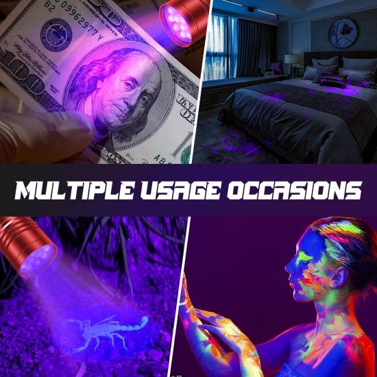 UV Torch Pack of 2 Mini UV Black Light Torch with 12 LEDs, Ultraviolet Light with 395 nm for Geocaching, Pet Urine Detectors, Pets Urine Detector etc. Includes 6 AAA Batteries UV Torch Pack of 2 Mini UV Black Light Torch with 12 LEDs, Ultraviolet Light with 395 nm for Geocaching, Pet Urine Detectors, Pets Urine Detector etc. Includes 6 AAA Batteries