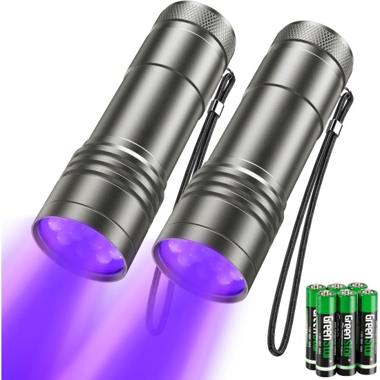 UV Torch Pack of 2 Mini UV Black Light Torch with 12 LEDs, Ultraviolet Light with 395 nm for Geocaching, Pet Urine Detectors, Pets Urine Detector etc. Includes 6 AAA Batteries UV Torch Pack of 2 Mini UV Black Light Torch with 12 LEDs, Ultraviolet Light with 395 nm for Geocaching, Pet Urine Detectors, Pets Urine Detector etc. Includes 6 AAA Batteries