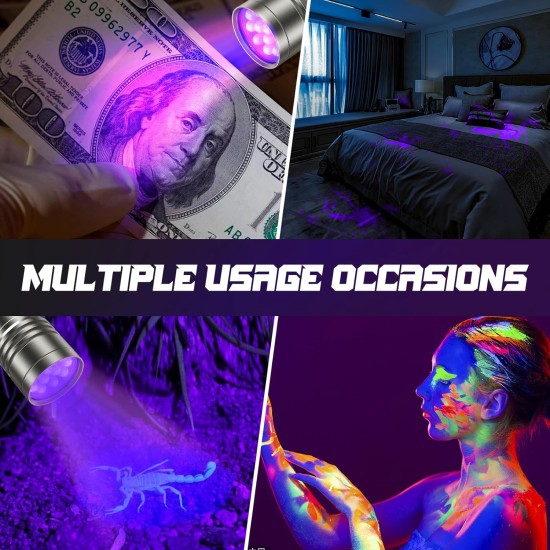 UV Torch Pack of 2 Mini UV Black Light Torch with 12 LEDs, Ultraviolet Light with 395 nm for Geocaching, Pet Urine Detectors, Pets Urine Detector etc. Includes 6 AAA Batteries UV Torch Pack of 2 Mini UV Black Light Torch with 12 LEDs, Ultraviolet Light with 395 nm for Geocaching, Pet Urine Detectors, Pets Urine Detector etc. Includes 6 AAA Batteries