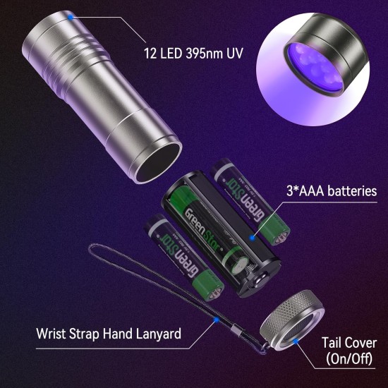 UV Torch Pack of 2 Mini UV Black Light Torch with 12 LEDs, Ultraviolet Light with 395 nm for Geocaching, Pet Urine Detectors, Pets Urine Detector etc. Includes 6 AAA Batteries UV Torch Pack of 2 Mini UV Black Light Torch with 12 LEDs, Ultraviolet Light with 395 nm for Geocaching, Pet Urine Detectors, Pets Urine Detector etc. Includes 6 AAA Batteries