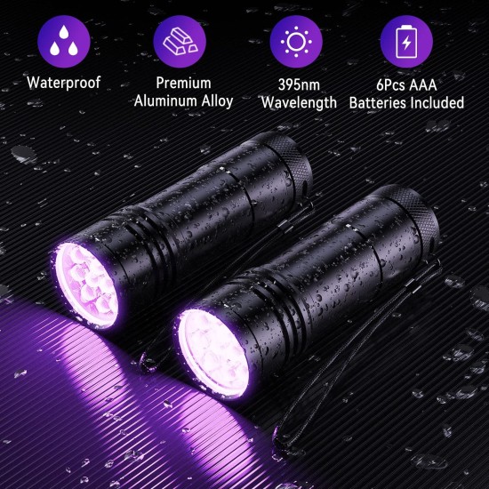 UV Torch Pack of 2 Mini UV Black Light Torch with 12 LEDs, Ultraviolet Light with 395 nm for Geocaching, Pet Urine Detectors, Pets Urine Detector etc. Includes 6 AAA Batteries UV Torch Pack of 2 Mini UV Black Light Torch with 12 LEDs, Ultraviolet Light with 395 nm for Geocaching, Pet Urine Detectors, Pets Urine Detector etc. Includes 6 AAA Batteries