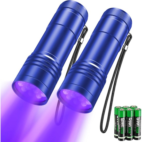UV Torch Pack of 2 Mini UV Black Light Torch with 12 LEDs, Ultraviolet Light with 395 nm for Geocaching, Pet Urine Detectors, Pets Urine Detector etc. Includes 6 AAA Batteries UV Torch Pack of 2 Mini UV Black Light Torch with 12 LEDs, Ultraviolet Light with 395 nm for Geocaching, Pet Urine Detectors, Pets Urine Detector etc. Includes 6 AAA Batteries