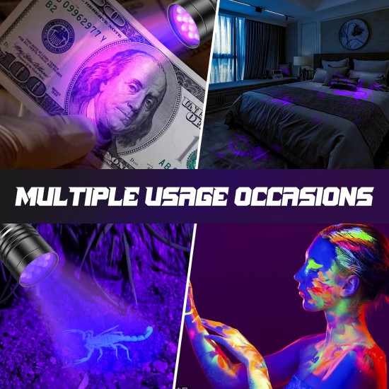 UV Torch Pack of 2 Mini UV Black Light Torch with 12 LEDs, Ultraviolet Light with 395 nm for Geocaching, Pet Urine Detectors, Pets Urine Detector etc. Includes 6 AAA Batteries UV Torch Pack of 2 Mini UV Black Light Torch with 12 LEDs, Ultraviolet Light with 395 nm for Geocaching, Pet Urine Detectors, Pets Urine Detector etc. Includes 6 AAA Batteries