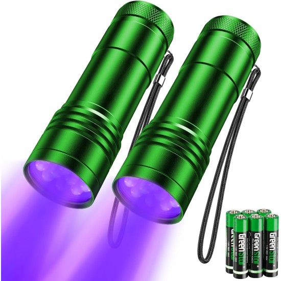 UV Torch Pack of 2 Mini UV Black Light Torch with 12 LEDs, Ultraviolet Light with 395 nm for Geocaching, Pet Urine Detectors, Pets Urine Detector etc. Includes 6 AAA Batteries UV Torch Pack of 2 Mini UV Black Light Torch with 12 LEDs, Ultraviolet Light with 395 nm for Geocaching, Pet Urine Detectors, Pets Urine Detector etc. Includes 6 AAA Batteries