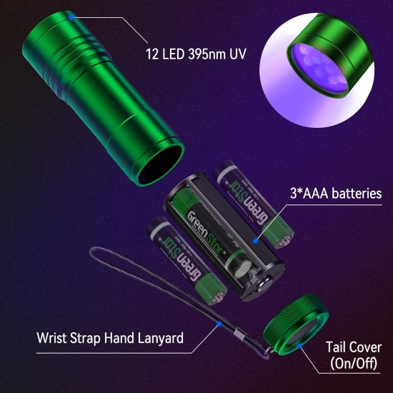 UV Torch Pack of 2 Mini UV Black Light Torch with 12 LEDs, Ultraviolet Light with 395 nm for Geocaching, Pet Urine Detectors, Pets Urine Detector etc. Includes 6 AAA Batteries UV Torch Pack of 2 Mini UV Black Light Torch with 12 LEDs, Ultraviolet Light with 395 nm for Geocaching, Pet Urine Detectors, Pets Urine Detector etc. Includes 6 AAA Batteries
