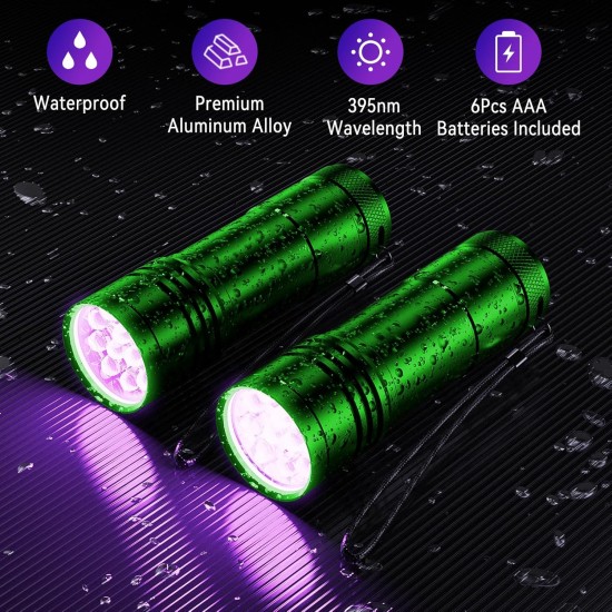 UV Torch Pack of 2 Mini UV Black Light Torch with 12 LEDs, Ultraviolet Light with 395 nm for Geocaching, Pet Urine Detectors, Pets Urine Detector etc. Includes 6 AAA Batteries UV Torch Pack of 2 Mini UV Black Light Torch with 12 LEDs, Ultraviolet Light with 395 nm for Geocaching, Pet Urine Detectors, Pets Urine Detector etc. Includes 6 AAA Batteries